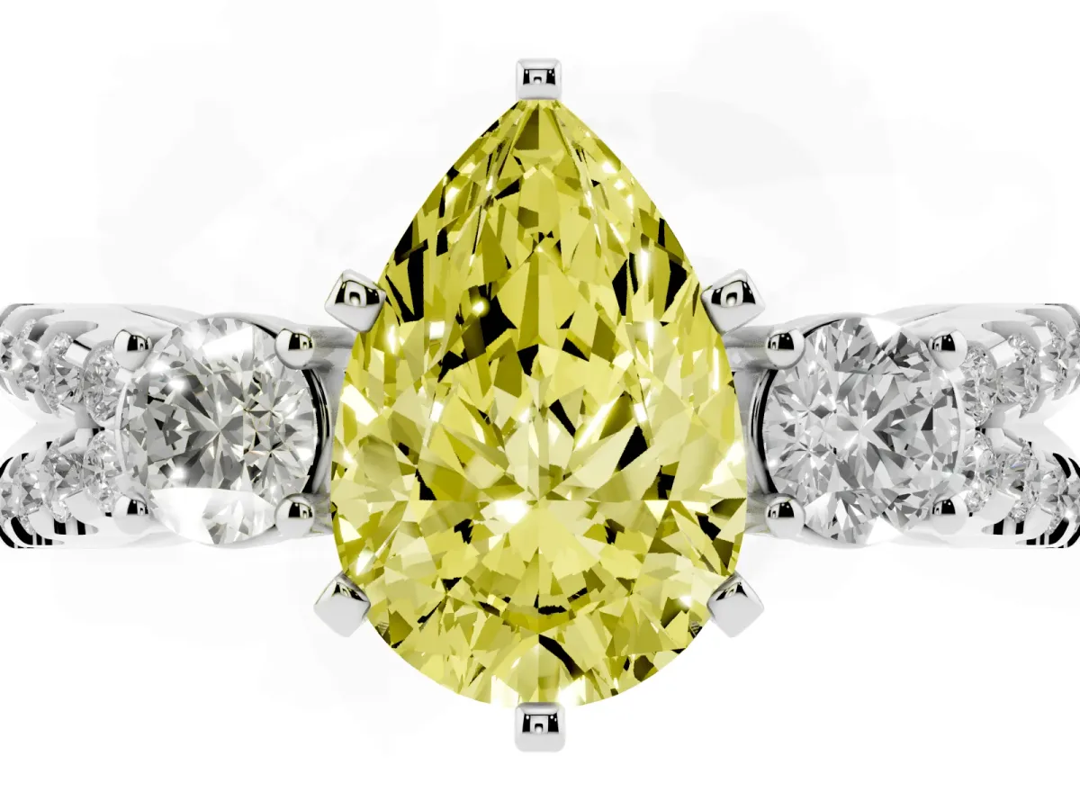 Fancy Yellow Pear Cut Diamond Three-Stone Ring with Pavé Split Shank and Four-Prong Setting Silver