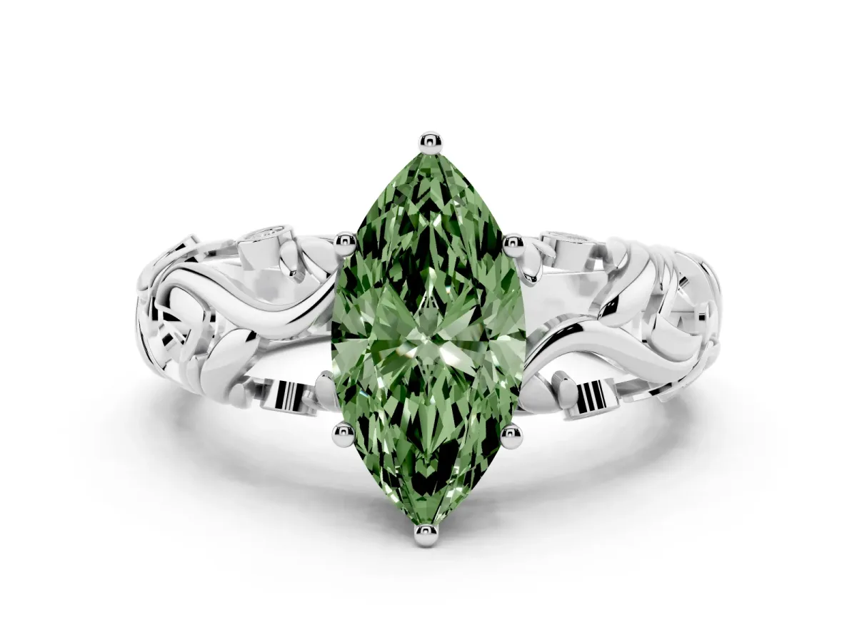 Fancy Green Marquise Cut Solitaire Diamond Leaf-Inspired Vine Band Ring with Prong Setting Silver
