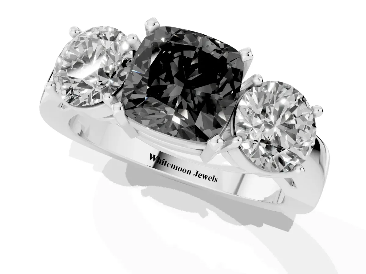 Fancy Black Three-Stone Cushion Cut Diamond Ring with Round Side Stones, Classic Band, and Four-Prong Setting Silver