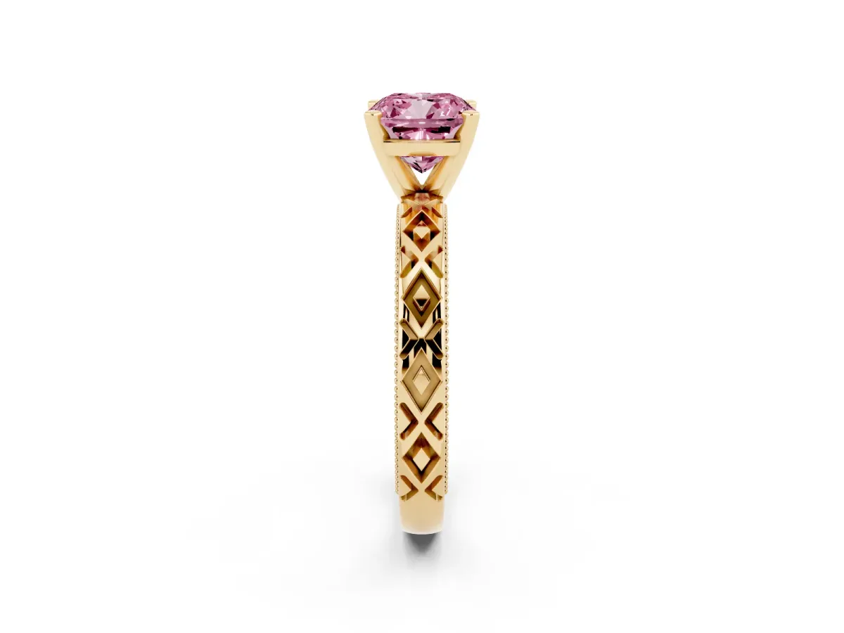 Fancy Pink Cushion Cut Solitaire Diamond Ring with Milgrain and Black Enamel X Pattern Band Yellow gold