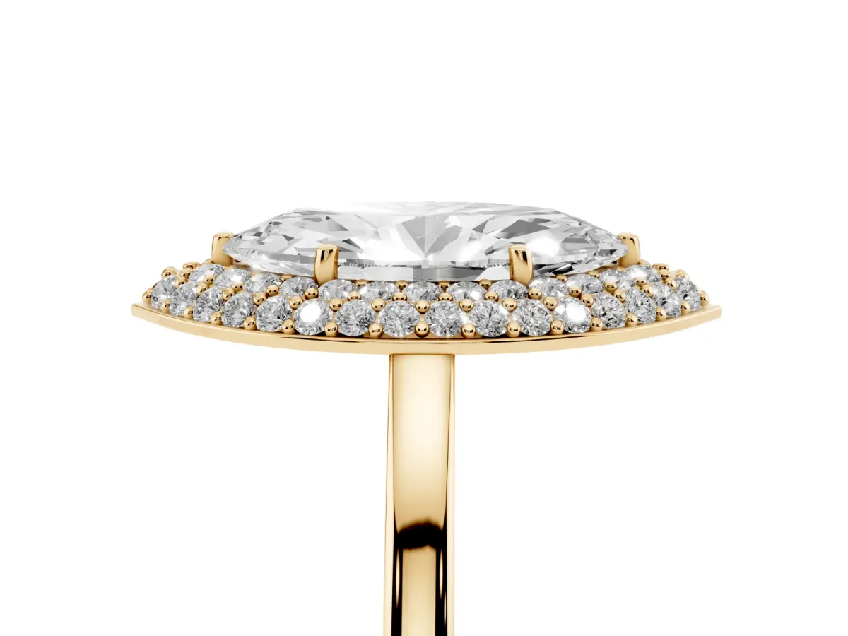 Marquise Cut Halo Diamond Engagement Ring with Solitaire Band and Four-Prong Setting Yellow gold