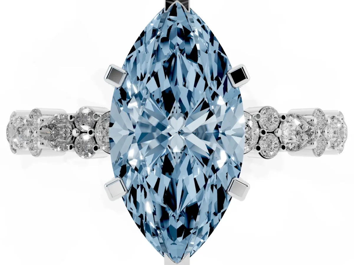 Fancy Blue Marquise Cut Diamond Side Stone Solitaire Ring with Round and Four-Prong Setting Silver