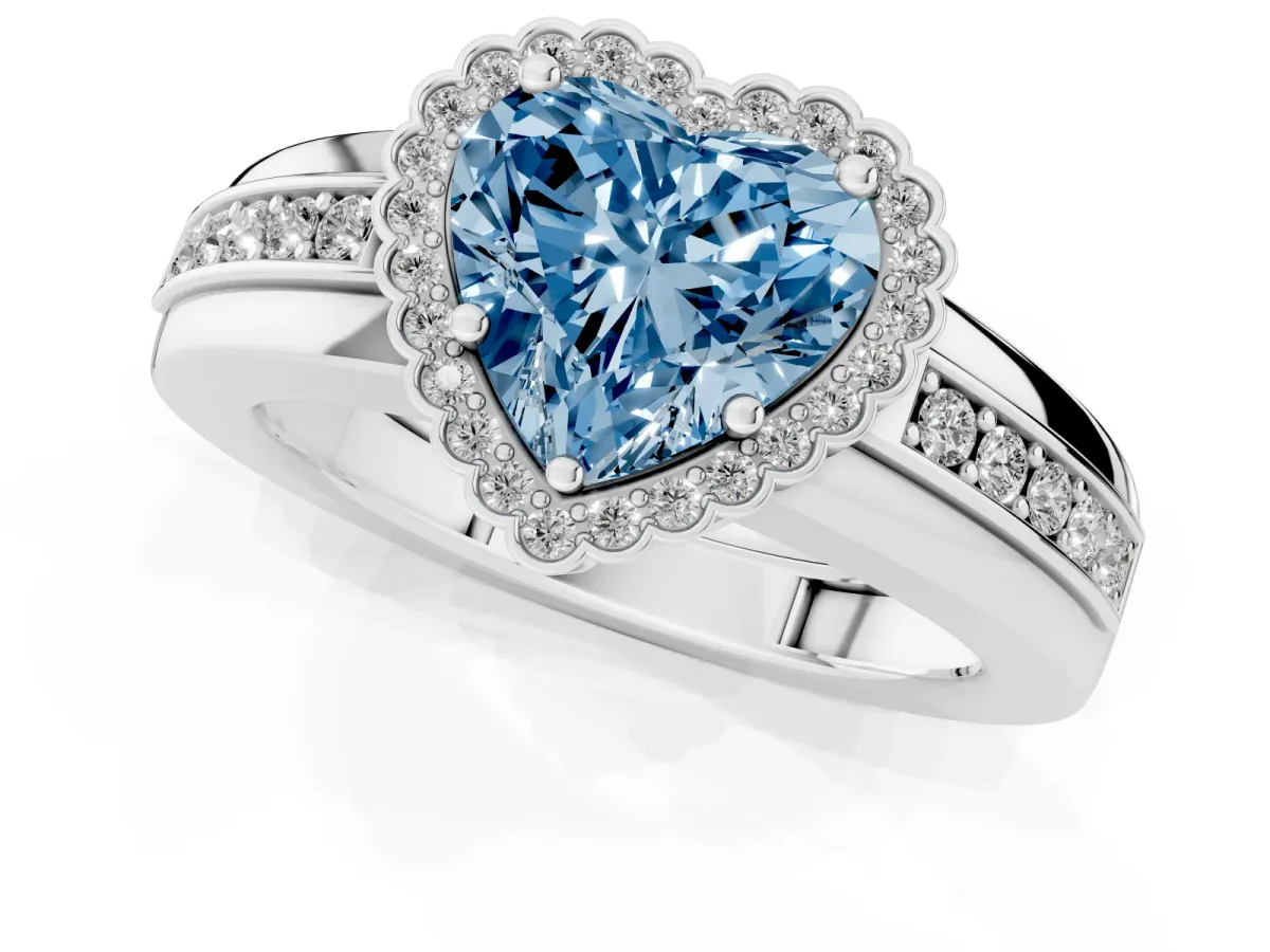 Fancy Blue Heart Cut Cut Halo Pave Band Four-Prong Ring Silver