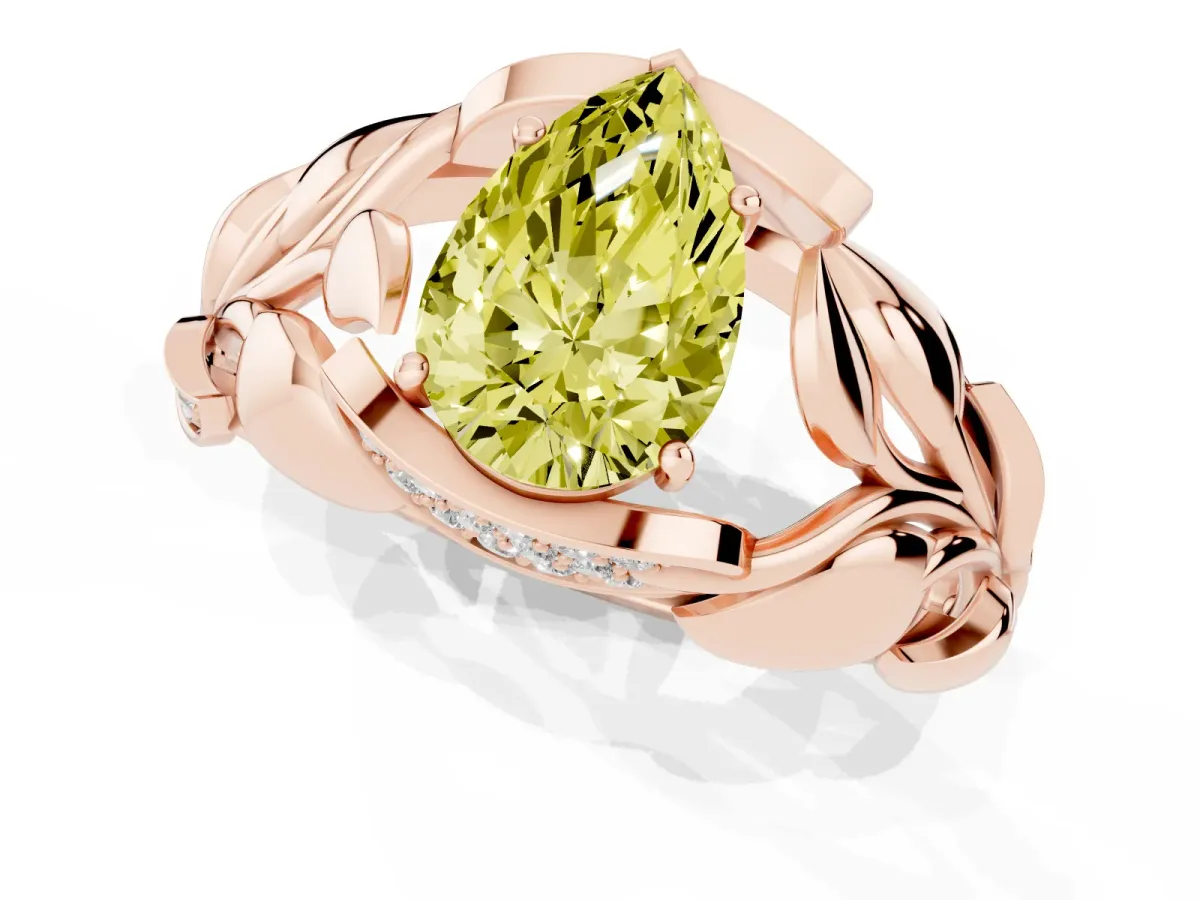 Fancy Yellow Pear Cut Diamond Leaf-Inspired Engagement Ring with Round Accents and Prong Setting Rose gold