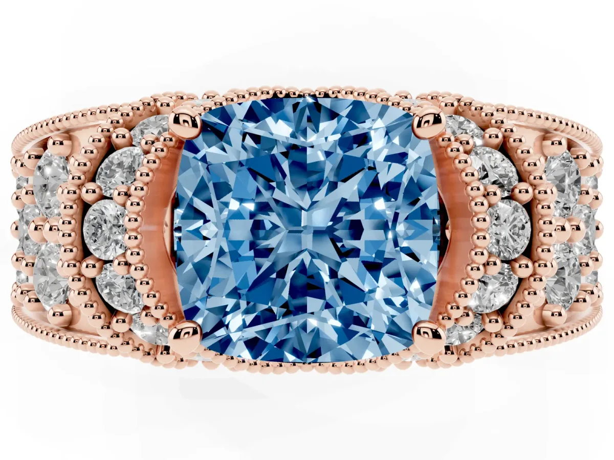 Fancy Blue Cushion Cut Halo Pave Diamond Engagement Ring with Milgrain Detailing Rose gold