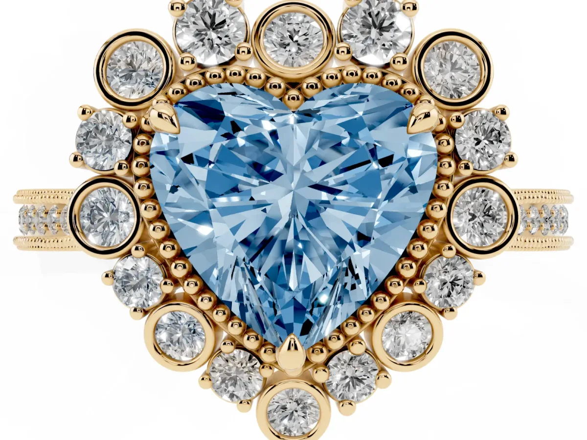 Fancy Blue Heart Cut Halo Milgrain Pave Diamond Ring with Four-Prong Setting Yellow gold