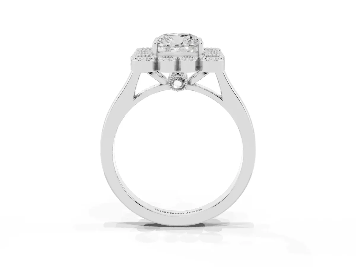 Cushion Cut Halo Diamond Cluster Engagement Ring with Milgrain Bezel Setting and Solitaire Band Platinum