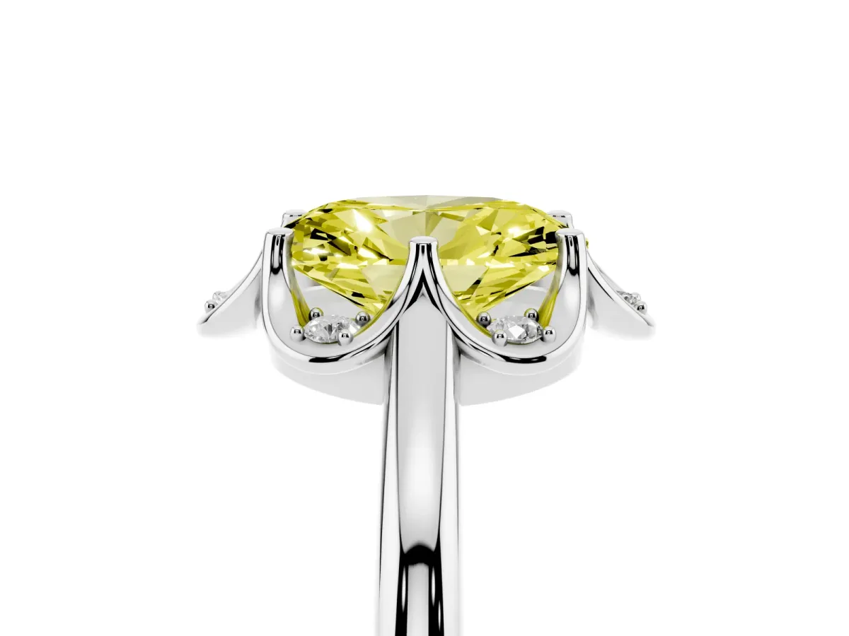 Fancy Yellow Oval Cut Halo Diamond Ring with Round Cluster Setting, Solitaire Band, and Four-Prong Setting Platinum