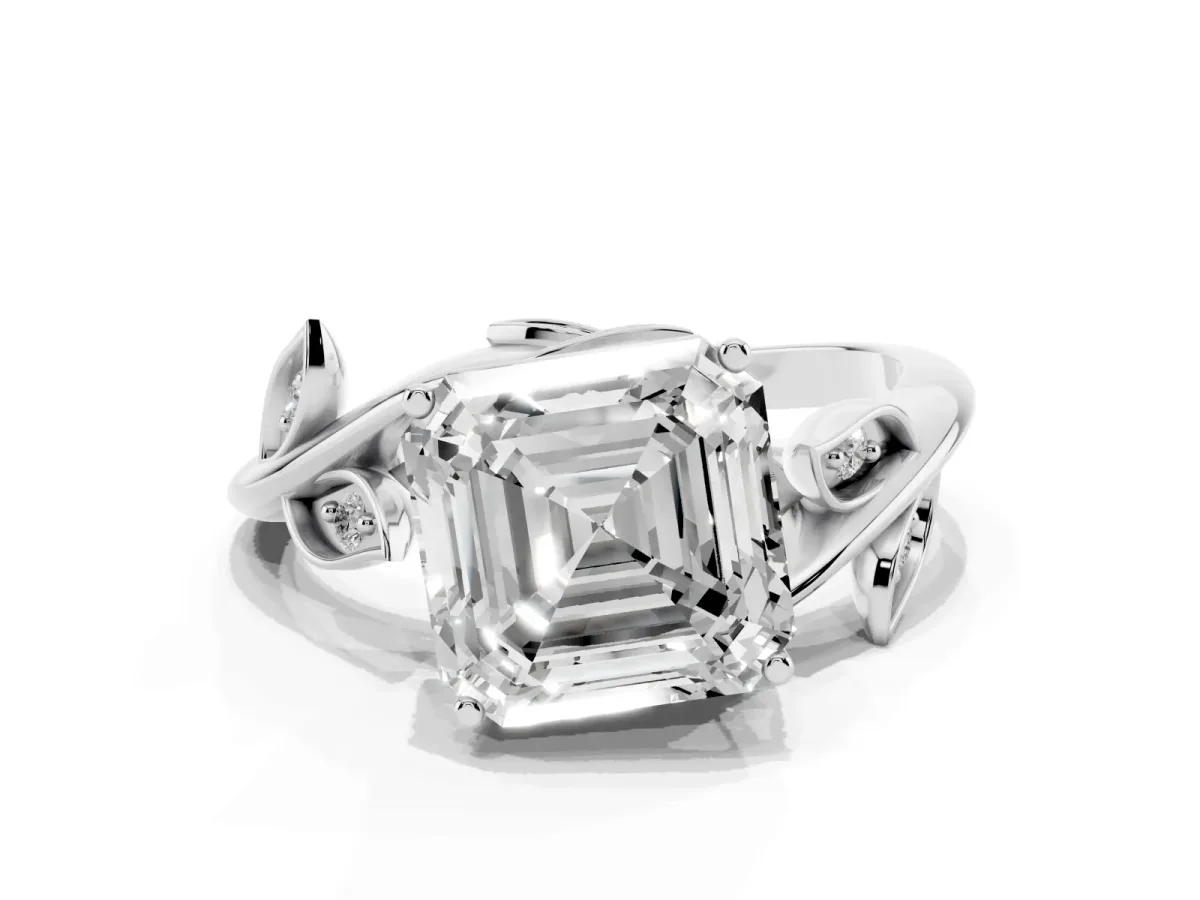Asscher Cut Solitaire Twist Engagement Ring with Leaf Accents and Prong Setting Silver
