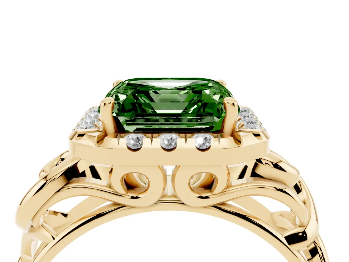 Fancy Green Asscher Cut Cut Halo Diamond Ring with Scrollwork Band and Four-Prong Setting Yellow gold