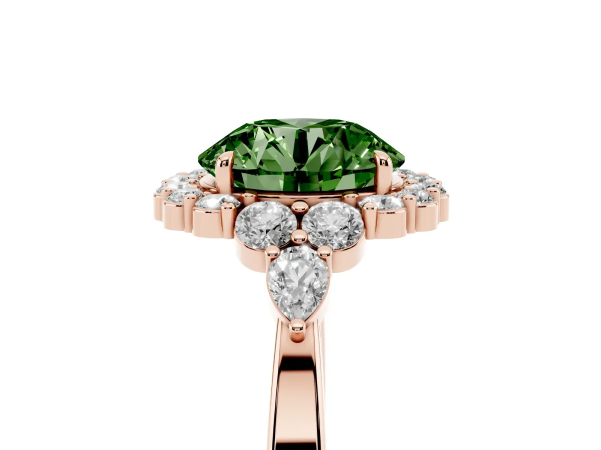 Fancy Green Round Cut Diamond Halo Ring with Pear Side Stones and Prong Setting Rose gold