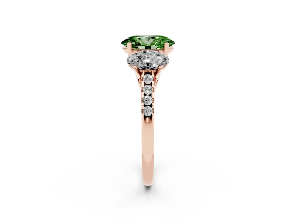 Fancy Green Three-Stone Oval Cut Diamond Ring with Round Pavé Band and Prong Setting Rose gold