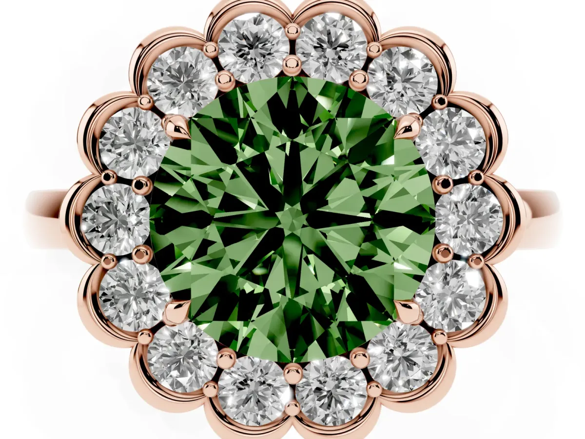 Fancy Green Round Cut Halo Cluster Diamond Engagement Ring with Solitaire Band and Prong Setting Rose gold