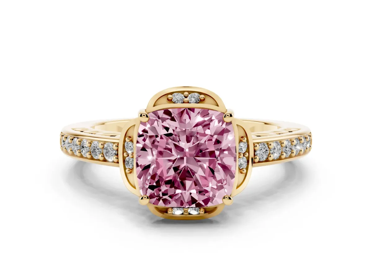 Fancy Pink Cushion Cut Cut Halo Diamond Ring with Channel Set Band and Four-Prong Setting Yellow gold