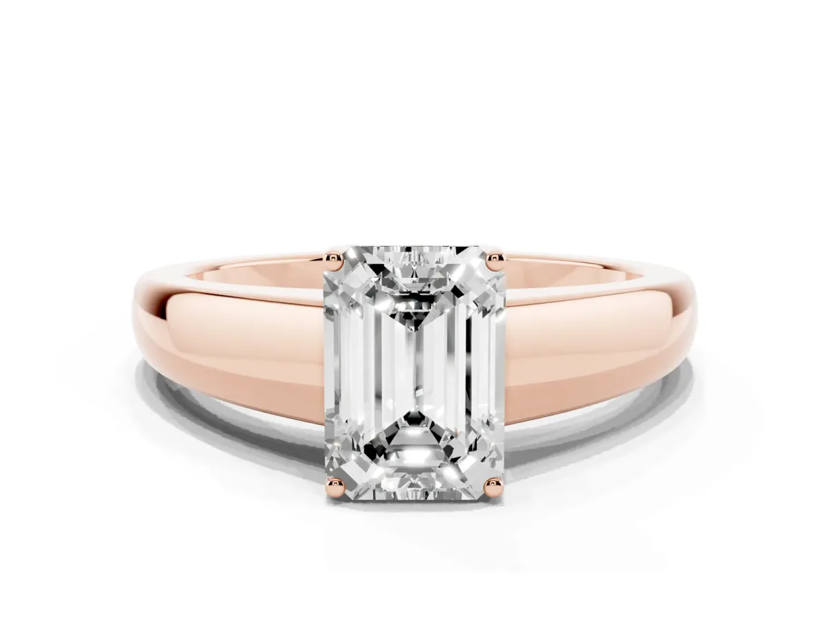 Emerald Cut Solitaire Diamond Ring with Tapered Band and Four-Prong Setting Rose gold