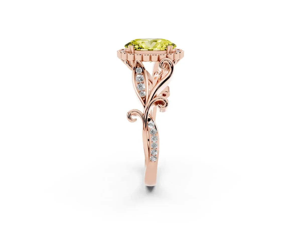 Fancy Yellow Oval Cut Diamond Halo Ring with Vintage Split Shank and Four-Prong Setting Rose gold