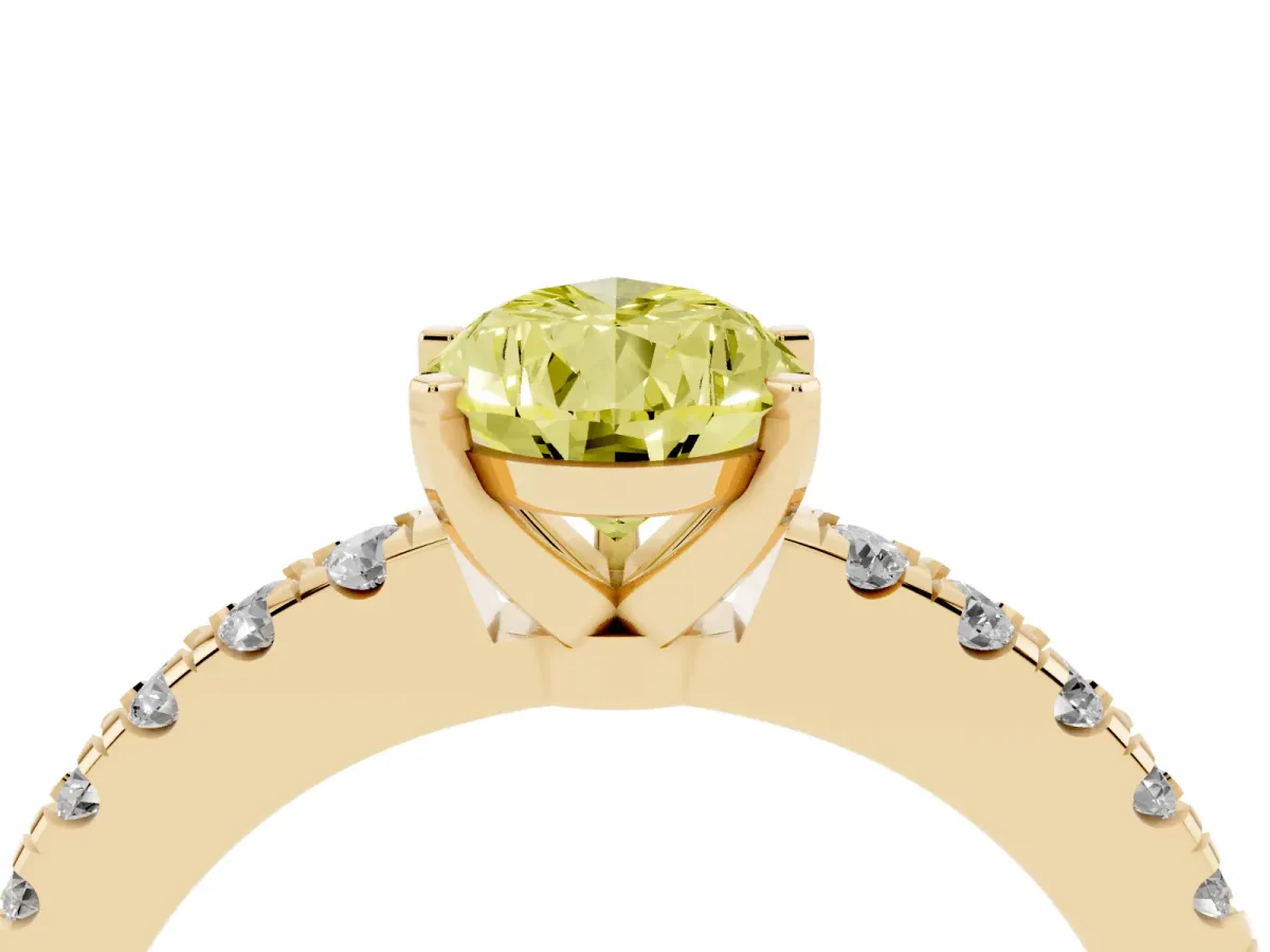 Fancy Yellow Pear Cut Solitaire Diamond with Pavé Band and Four-Prong Setting Yellow gold