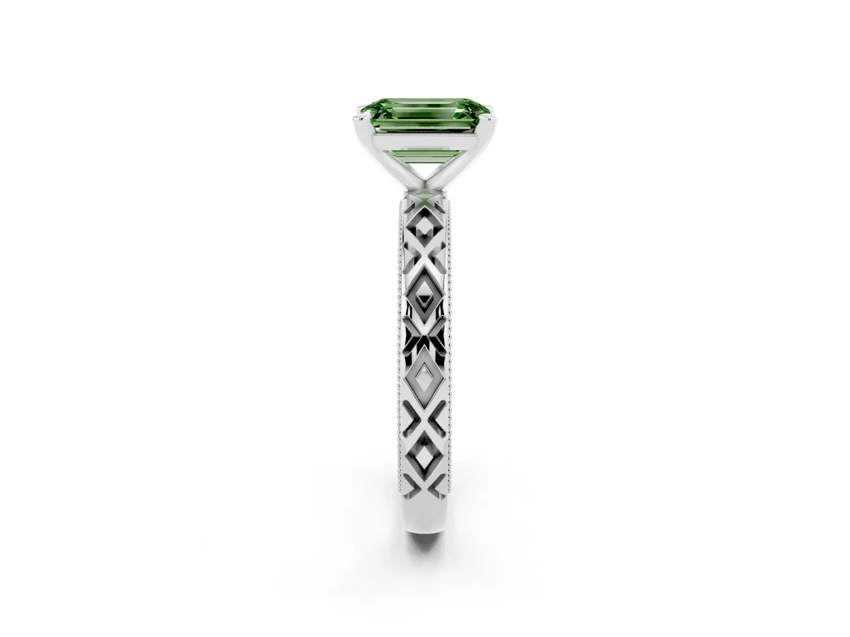 Fancy Green Emerald Cut Solitaire Diamond Ring with Milgrain and Black Enamel X Pattern Band Silver