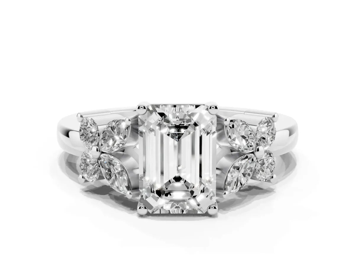 Emerald Cut Diamond Floral Cluster Ring with Solitaire Band and Prong Setting Silver