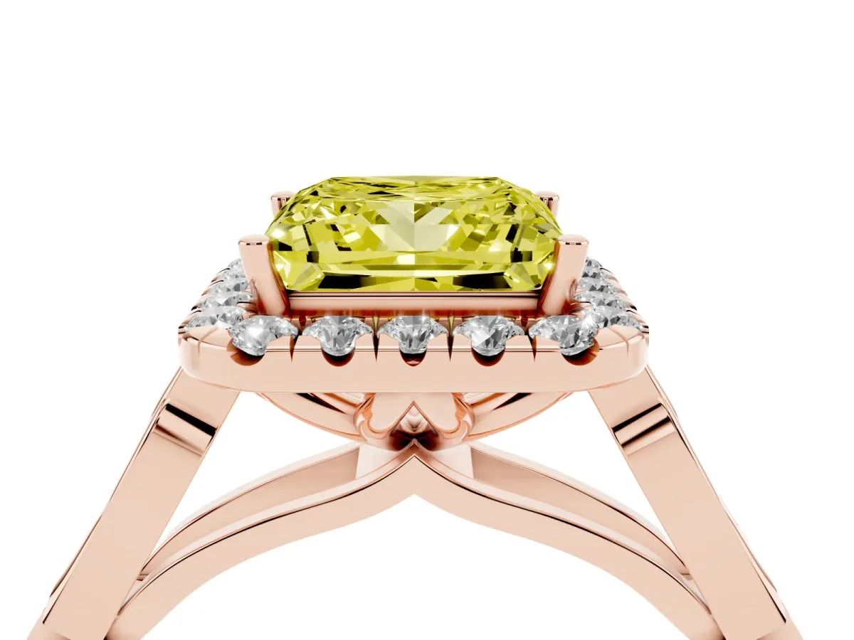 Fancy Yellow Princess Cut Halo Diamond Engagement Ring with Filigree Band and Four-Prong Setting Rose gold