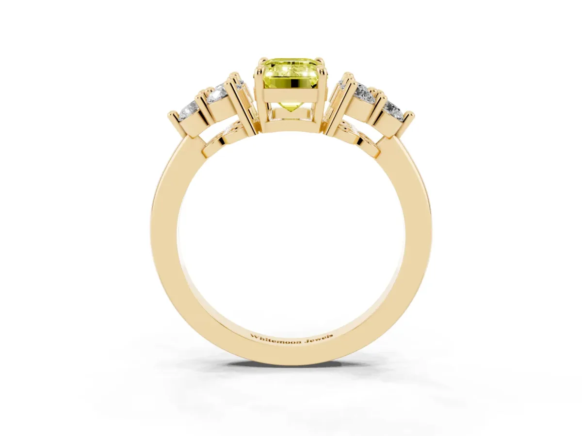 Fancy Yellow Emerald Cut Brilliant Diamond Cluster Accent Solitaire Ring with Prong Setting Yellow gold