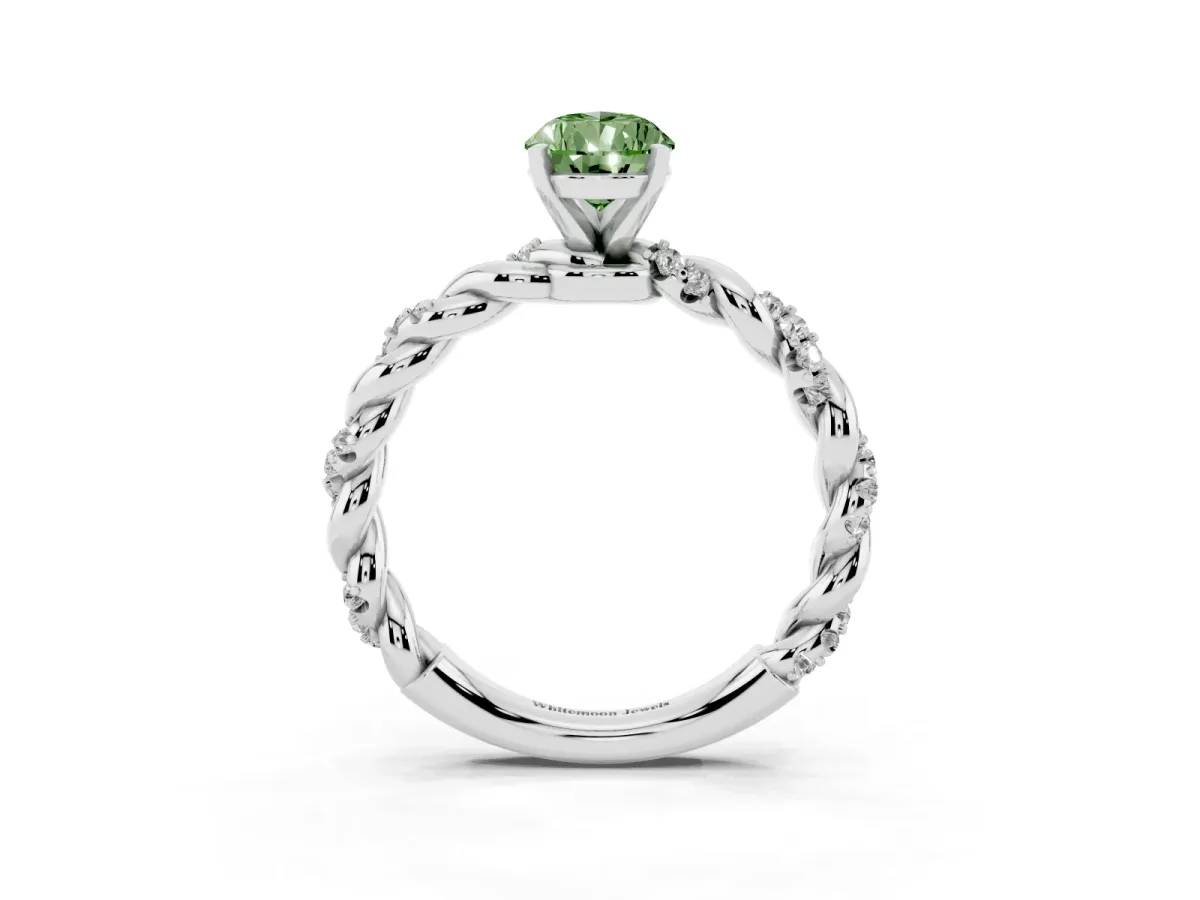 Fancy Green Pear Cut Diamond Solitaire Ring with Twisted Band and Pavé Accents Silver