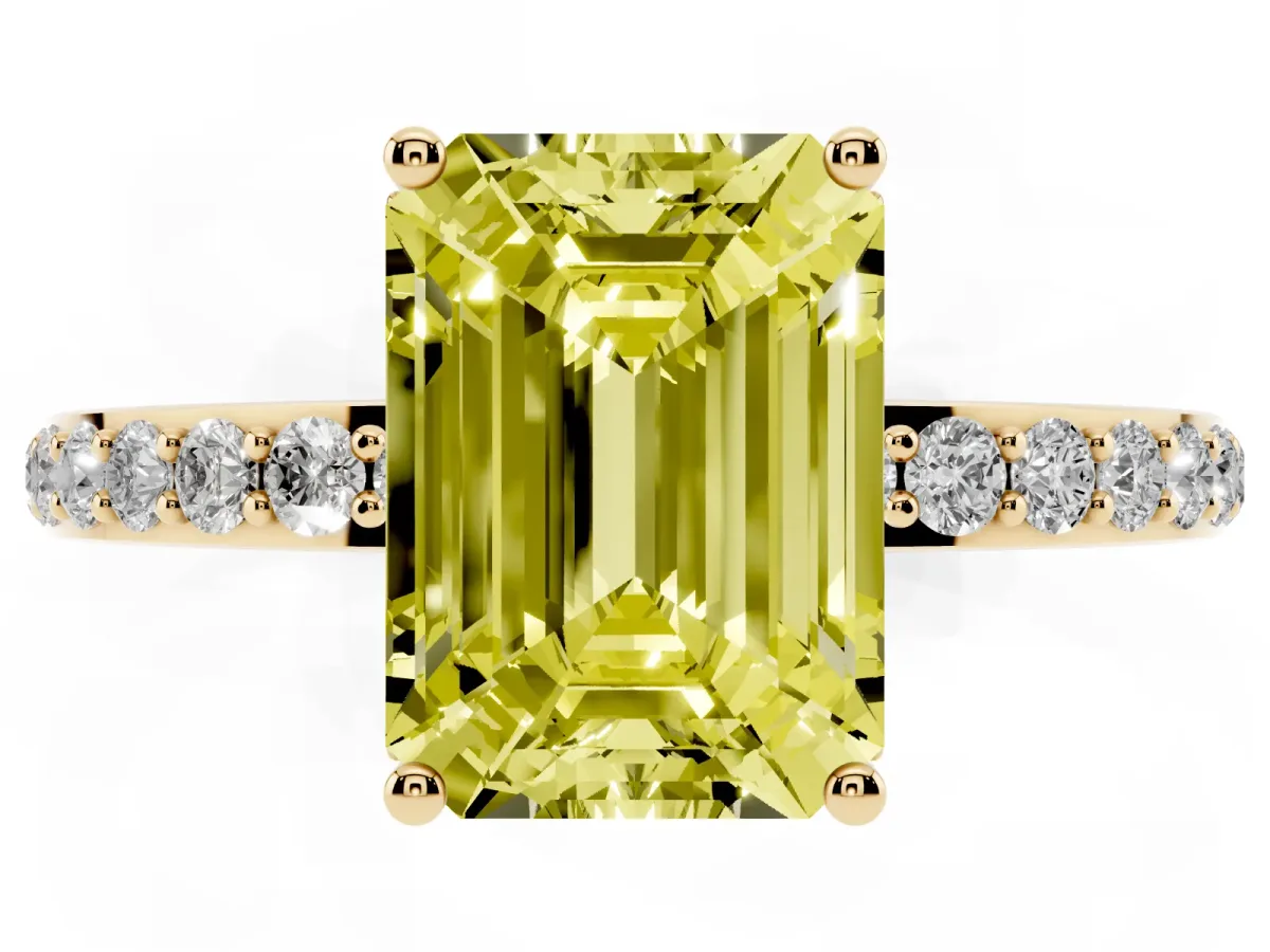 Fancy Yellow Emerald Cut Diamond Solitaire Ring with Pavé Band and Hidden Halo Yellow gold