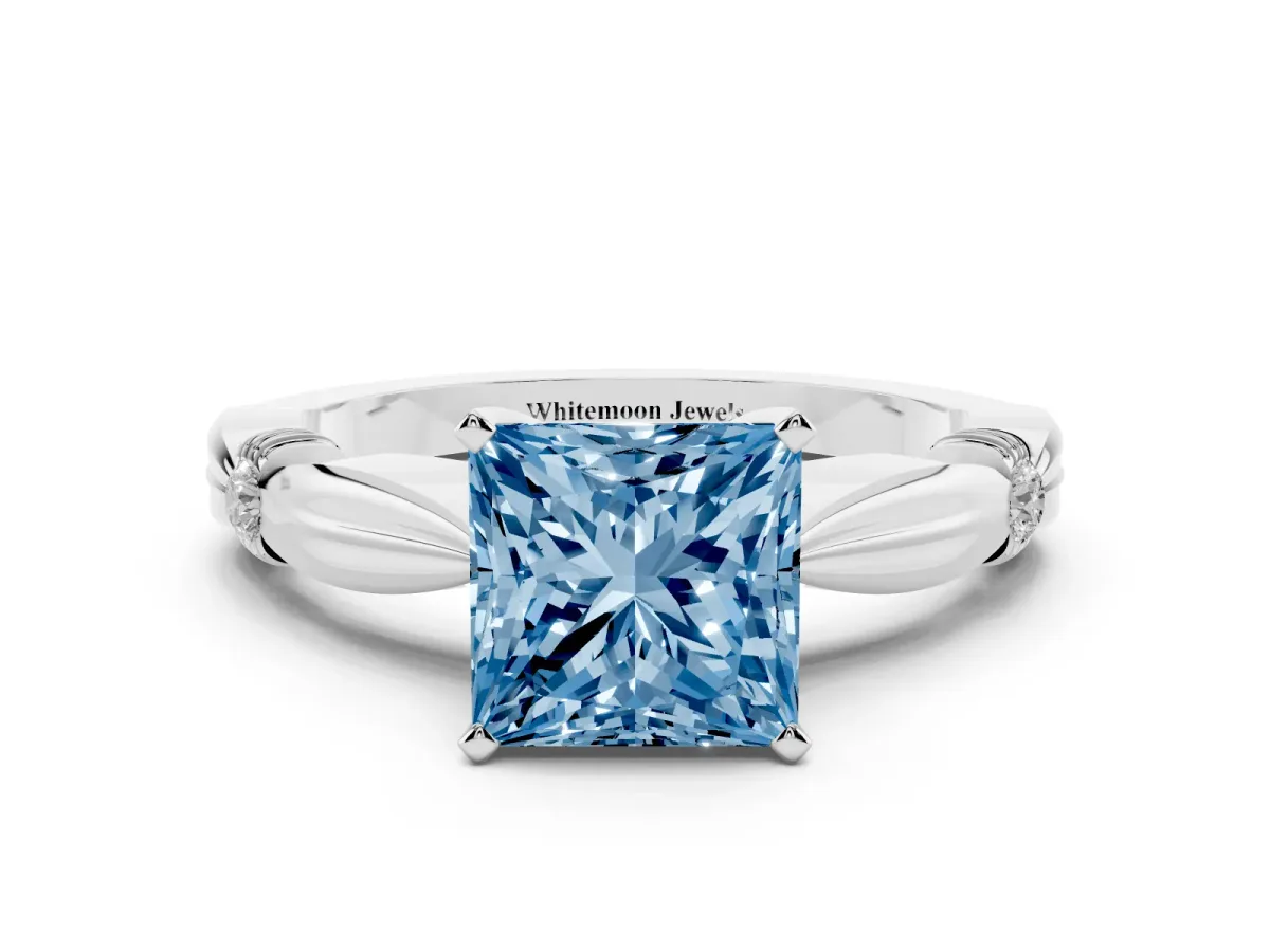 Fancy Blue Princess Cut Solitaire Diamond Twisted Band with Four-Prong Setting Platinum