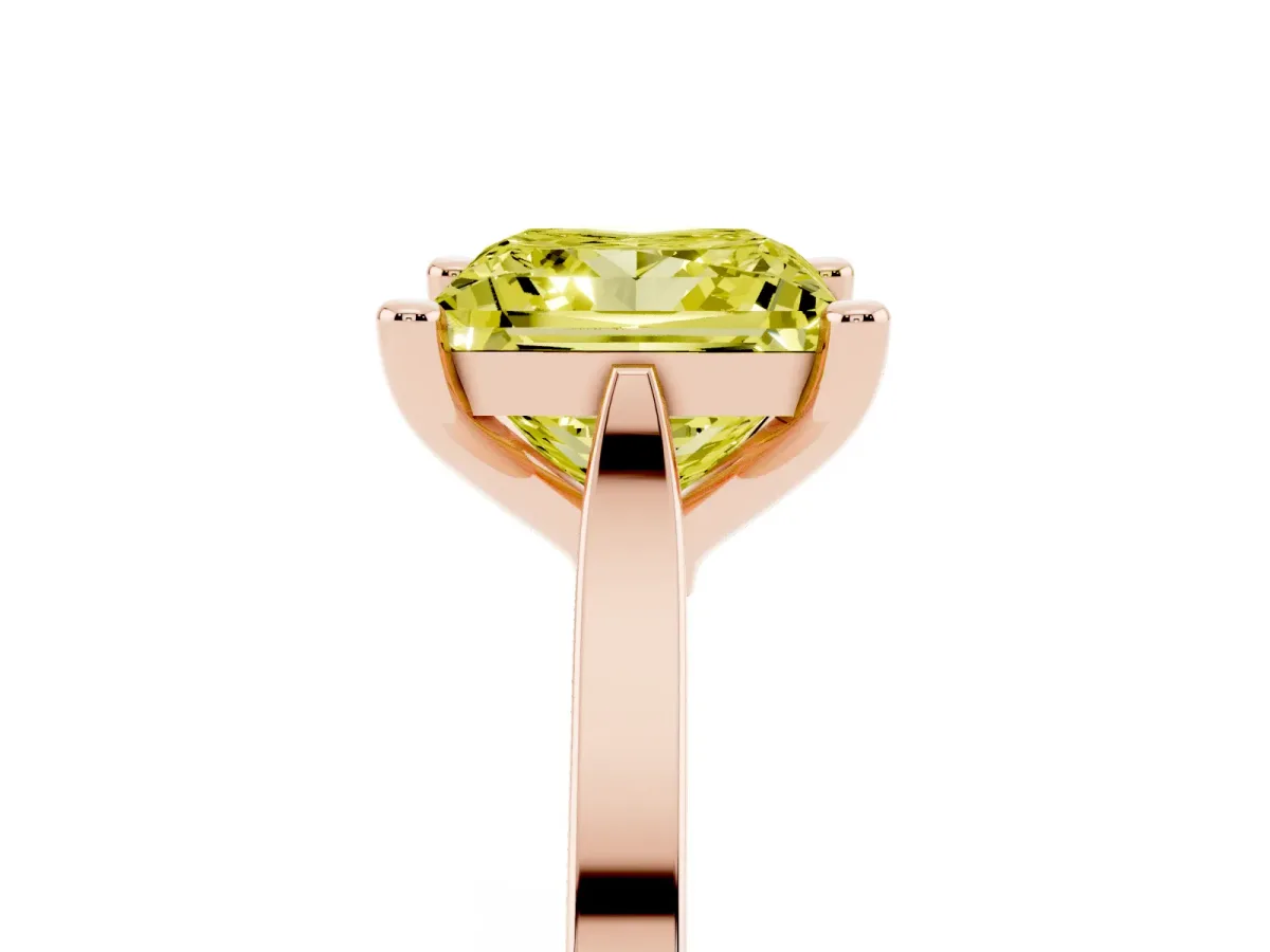 Fancy Yellow Princess Cut Solitaire Diamond Ring with Four-Prong Setting and Tapered Band Rose gold