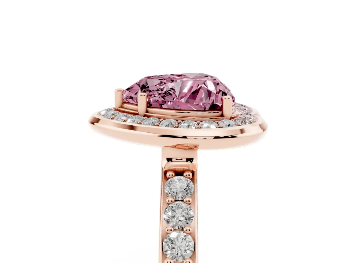 Fancy Pink Heart Cut Diamond Halo Ring with Bezel Frame and Pavé Band Rose gold