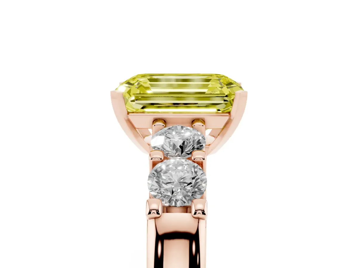 Fancy Yellow Emerald Cut Brilliant Cut Diamond Five-Stone Prong Set Engagement Ring with Channel Band Rose gold