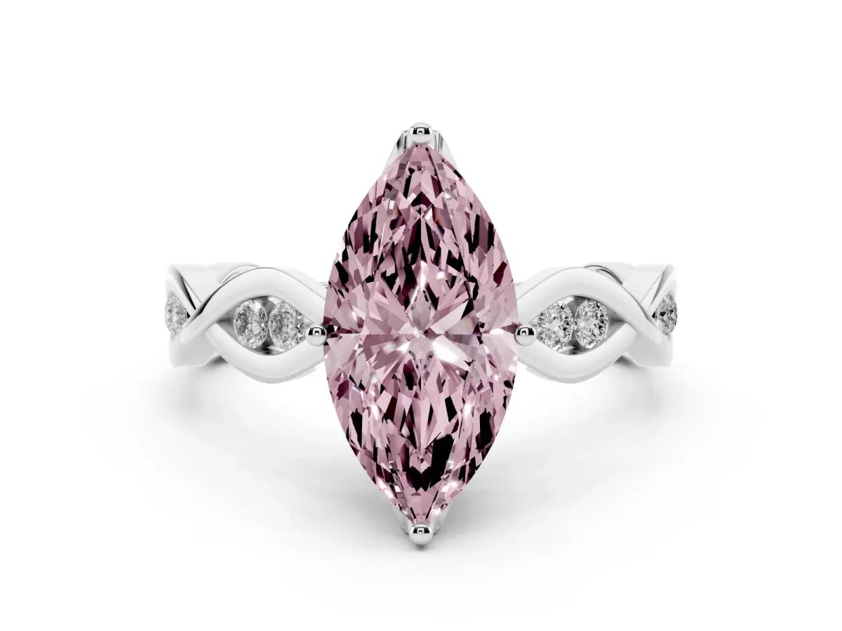 Fancy Pink Marquise Cut Solitaire Twist Band with Leaf Prong Setting Silver