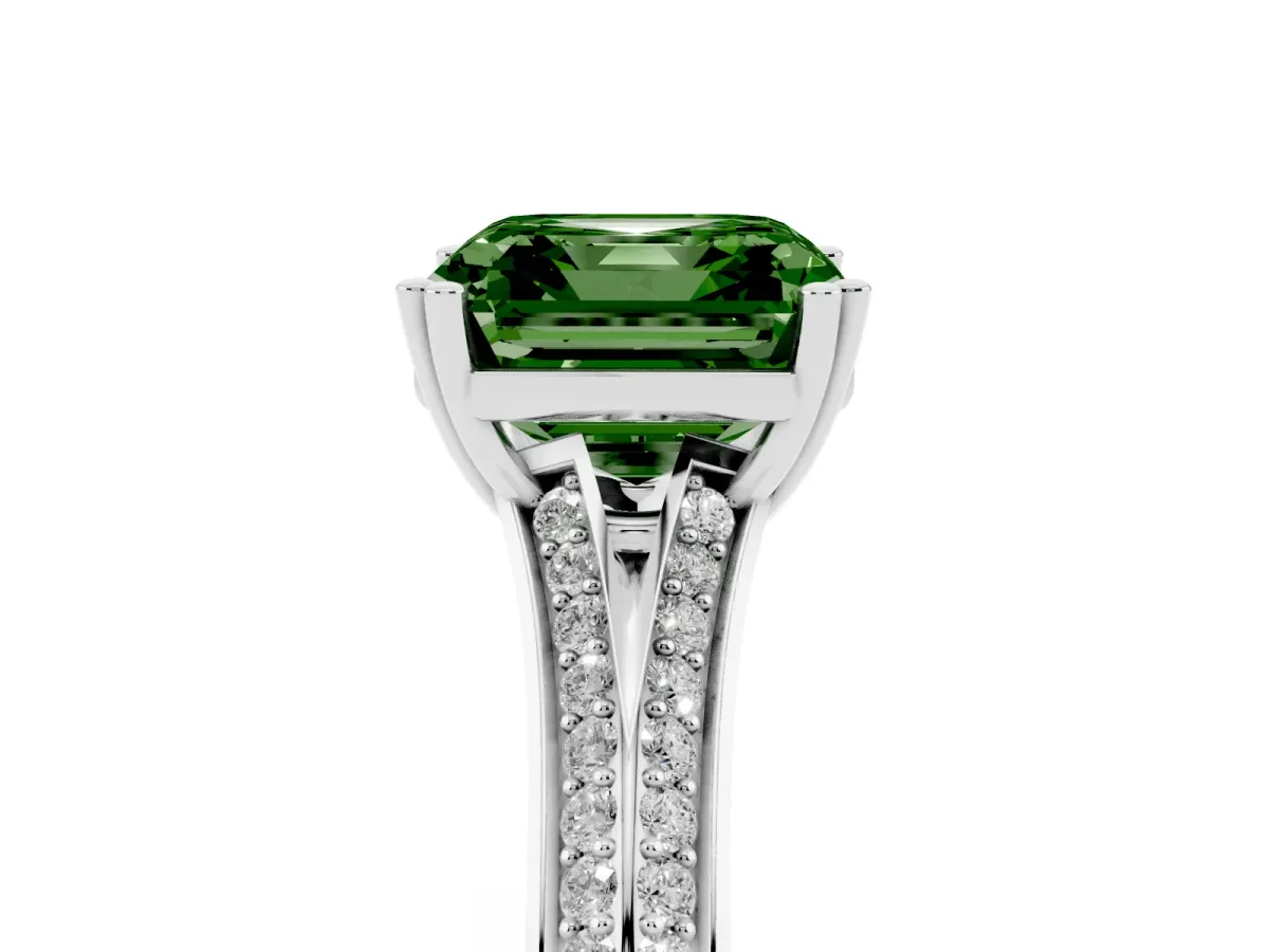 Fancy Green Asscher Cut Diamond Split Shank Engagement Ring with Pavé Band Silver