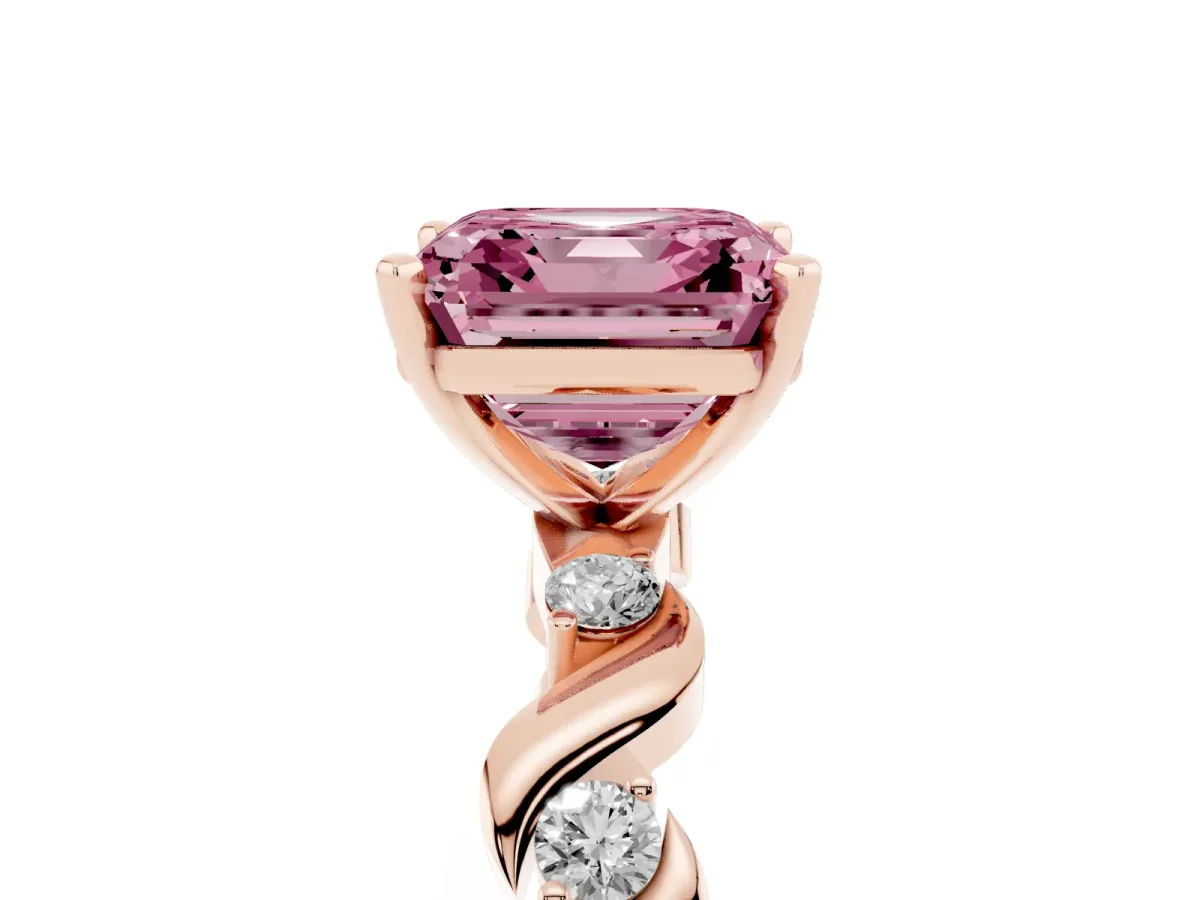Fancy Pink Asscher Cut Diamond Solitaire Twisted Band with Round Accents and Prong Setting Rose gold