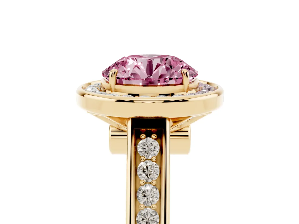 Fancy Pink Round Cut Halo Solitaire Diamond Ring with Pave Band and Bezel Setting Yellow gold