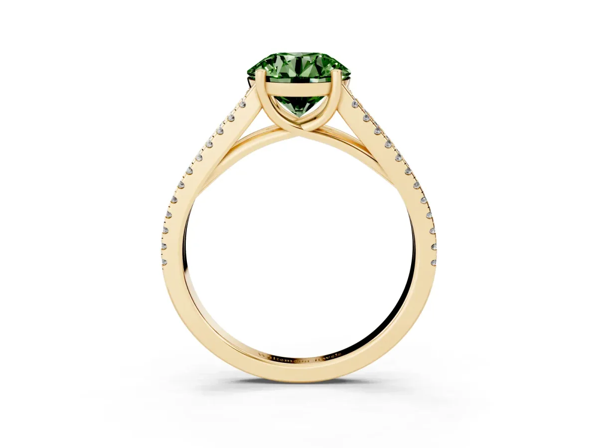 Fancy Green Round Cut Diamond Solitaire Engagement Ring with Split Shank Pavé Band Yellow gold