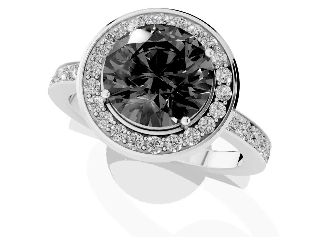 Fancy Black Round Cut Diamond Halo Ring with Bezel Frame and Pavé Band Silver
