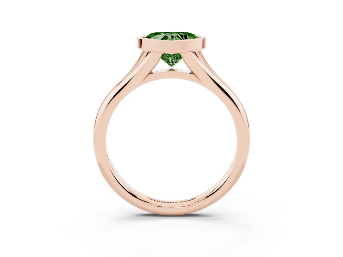 Fancy Green Bezel Set Heart Cut Solitaire Diamond Ring with Smooth Band Rose gold