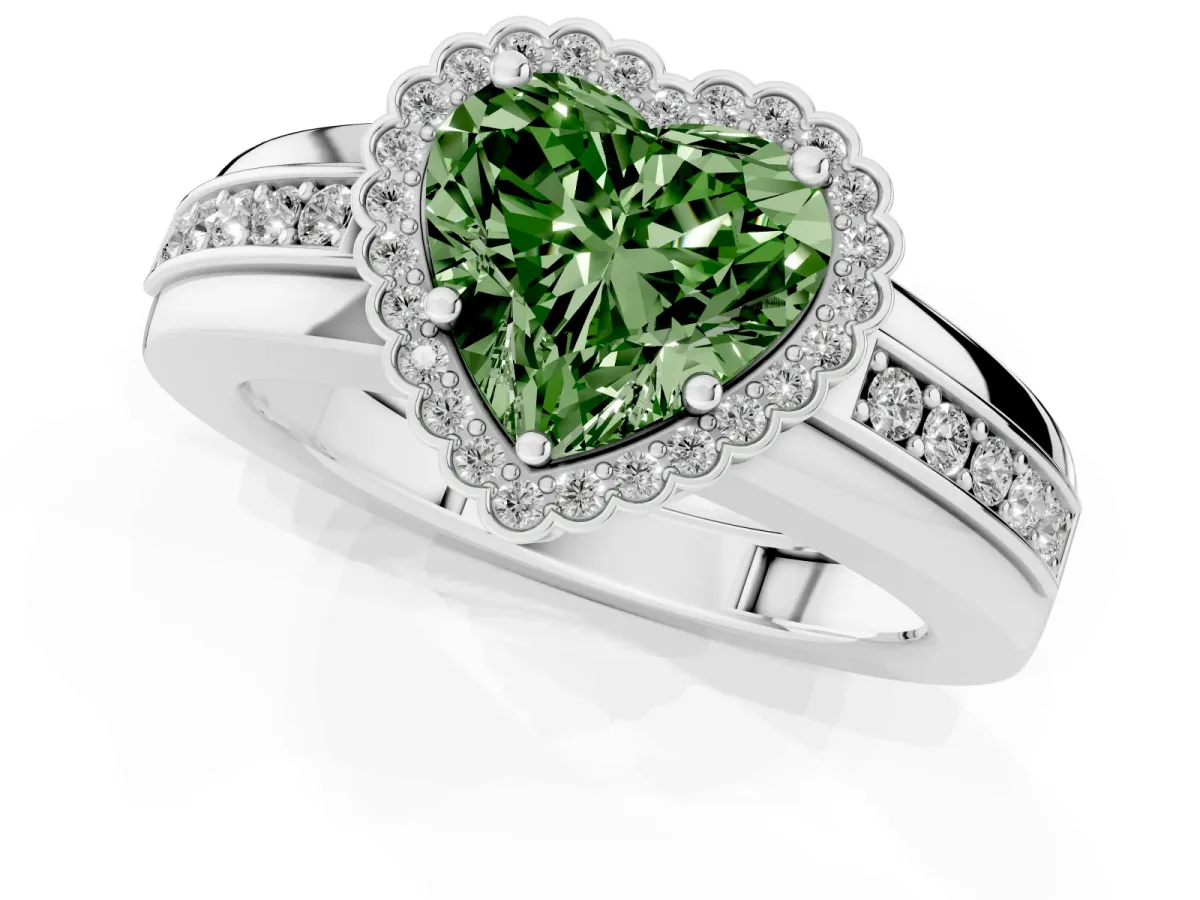 Fancy Green Heart Cut Cut Halo Pave Band Four-Prong Ring Silver
