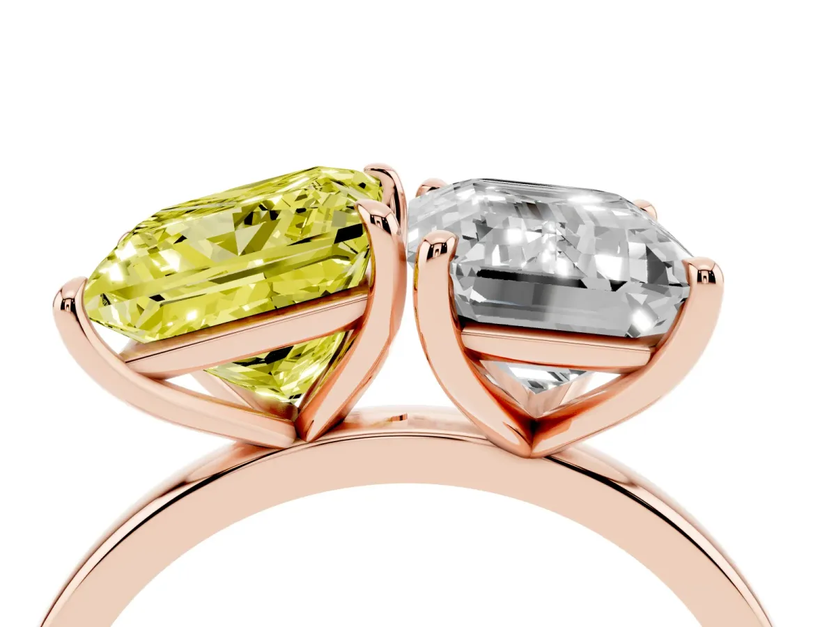 Fancy Yellow Princess Cut and Emerald Cut Toi Moi Ring with Prong Setting Rose gold