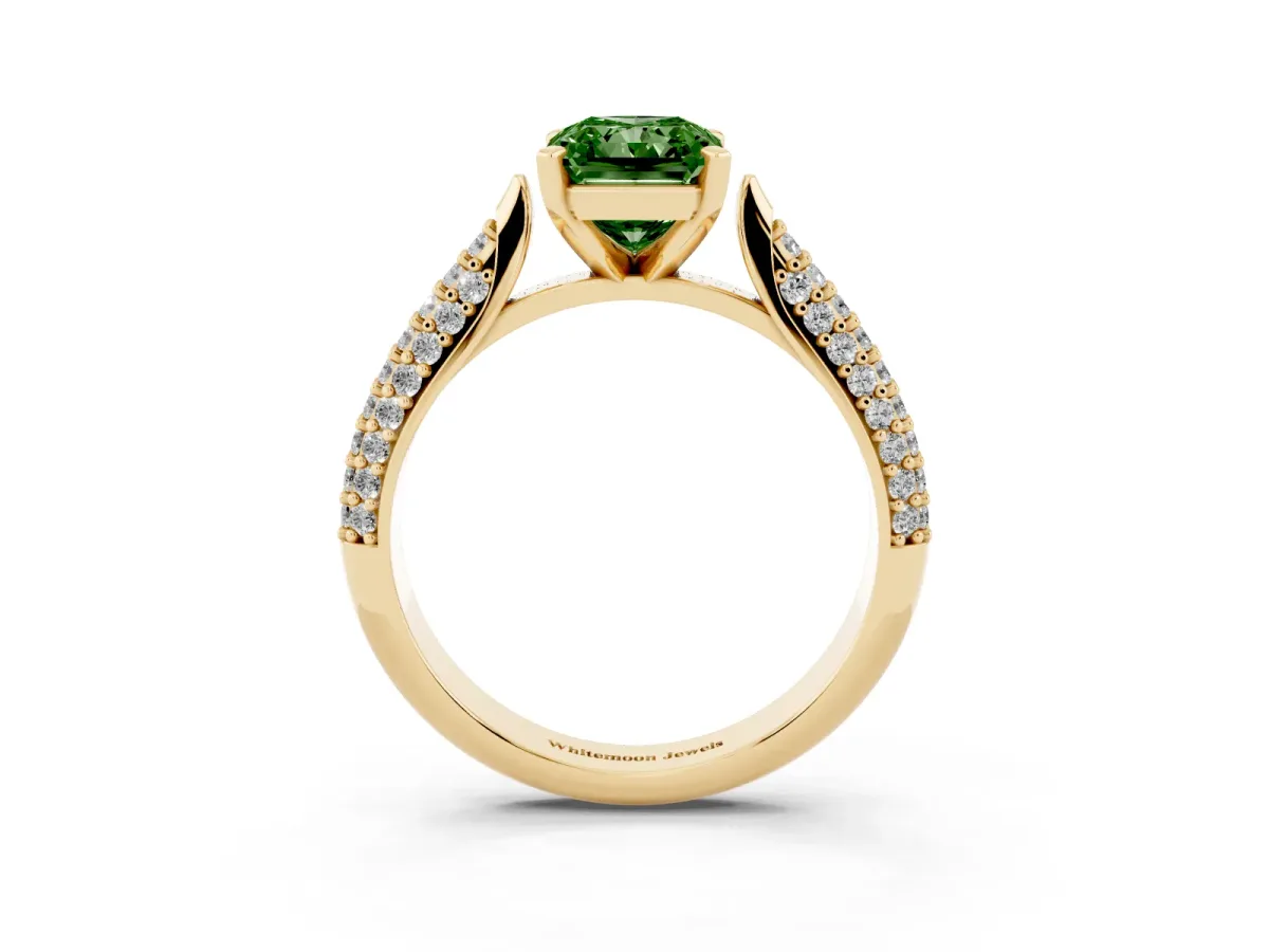 Fancy Green Radiant Cut Diamond Solitaire Engagement Ring with Multi-Row Round Pavé Band and Prong Setting Yellow gold