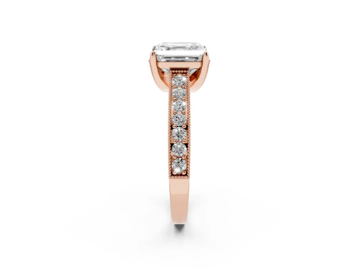 Asscher Cut Cut Diamond Solitaire Ring with Milgrain Pave Band and Four Prong Setting Rose gold