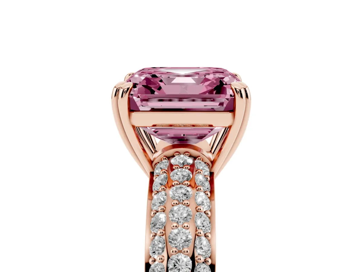 Fancy Pink Asscher Cut Diamond Solitaire Ring with Multi-Row Round Pavé Band and Prong Setting Rose gold