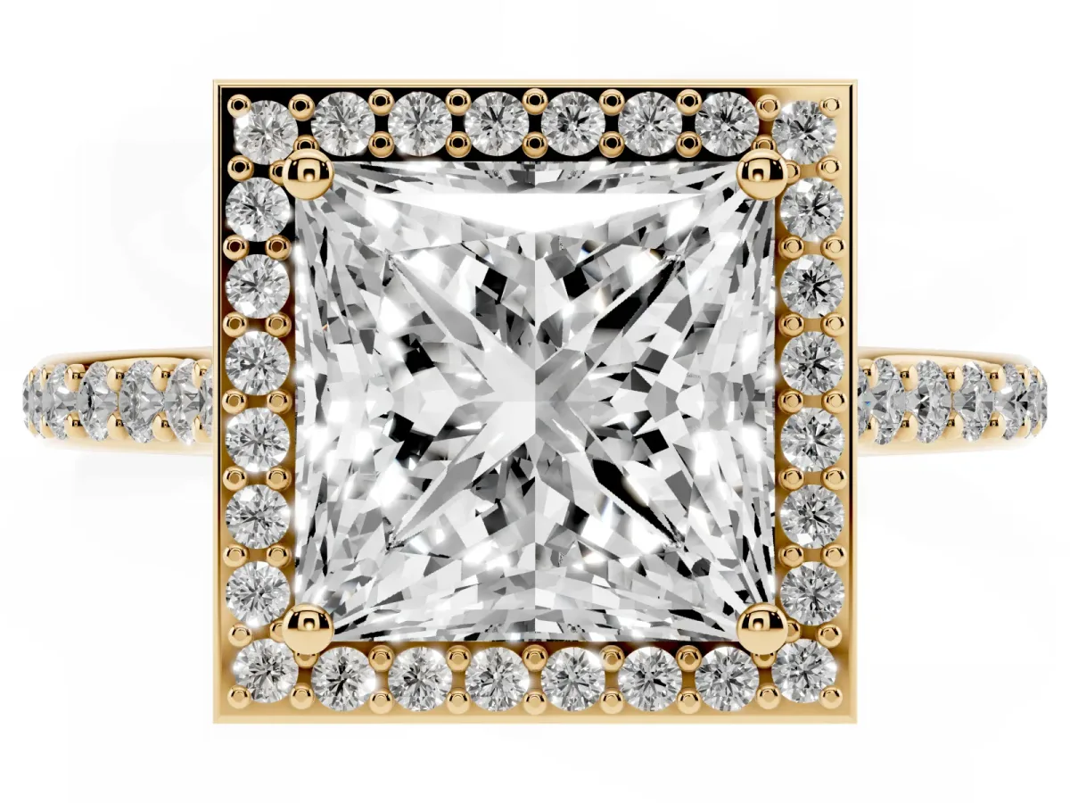 Princess Cut Diamond Halo Engagement Ring with Round Pavé Shoulders and Prong Setting Yellow gold
