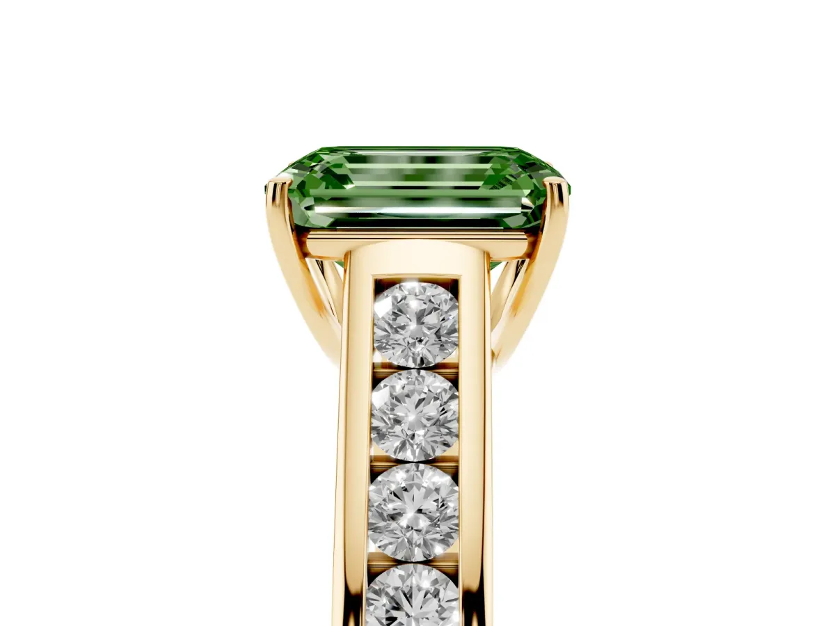 Fancy Green Emerald Cut Solitaire Channel-Set Diamond Engagement Ring with Four-Prong Setting Yellow gold