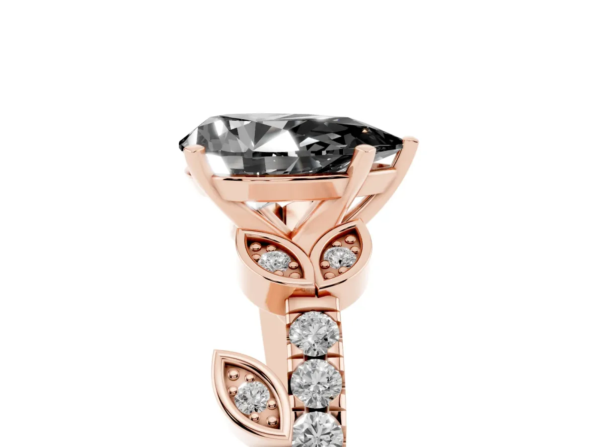 Fancy Black Pear Cut Solitaire Leaf-Inspired Diamond Ring with Pavé Band and Four-Prong Setting Rose gold