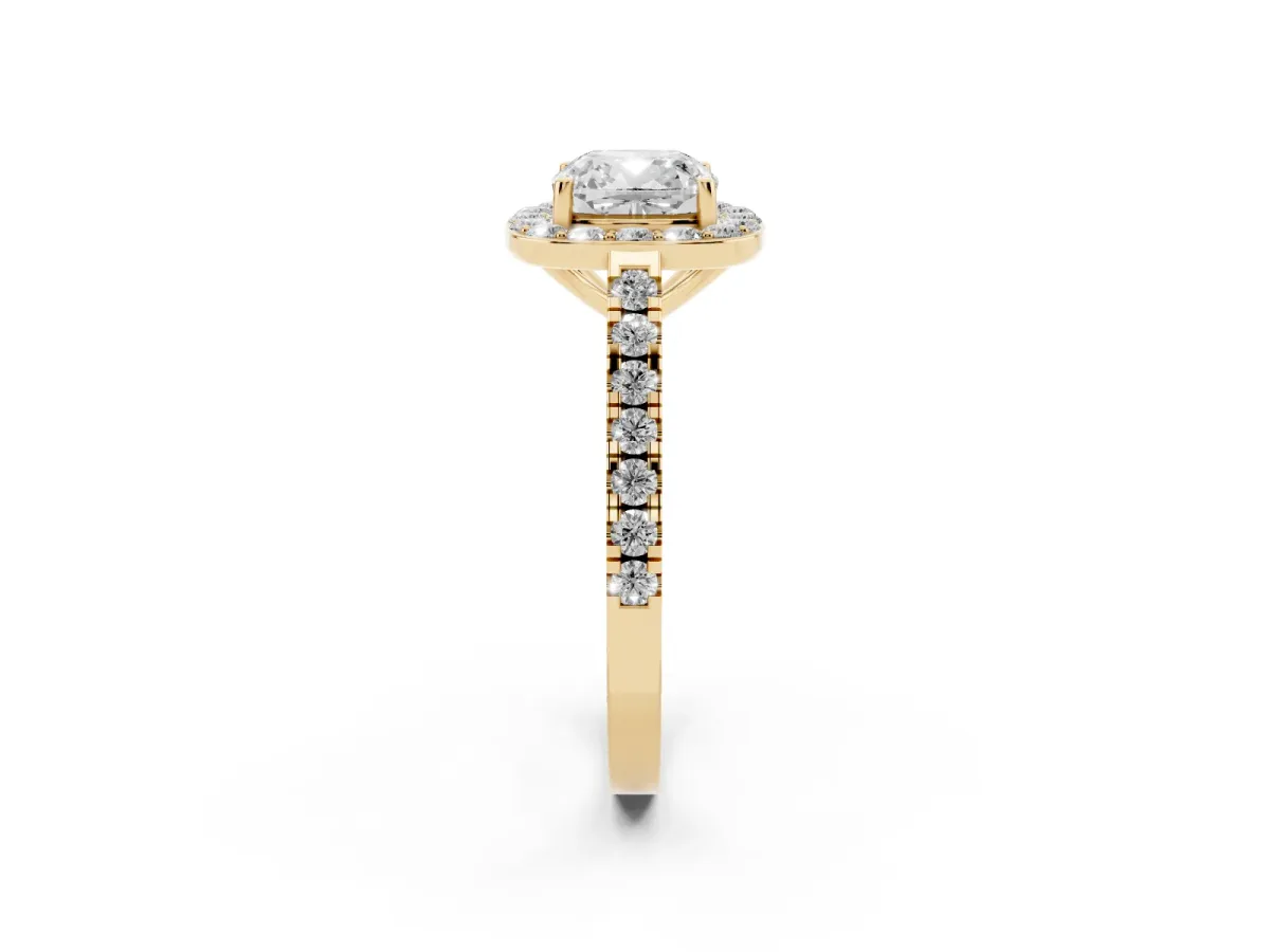 Cushion Cut Diamond Halo Ring with Round Pavé Split Shank and Prong Setting Yellow gold