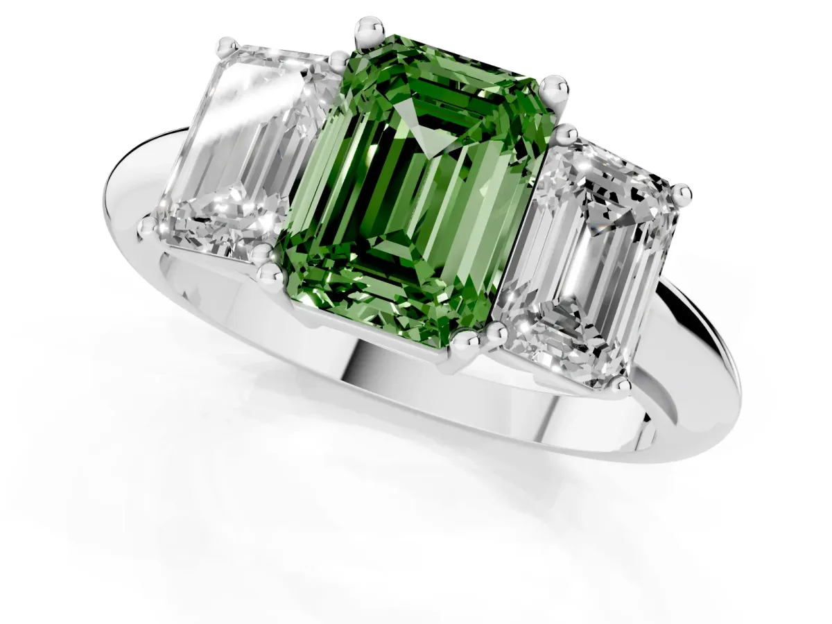 Fancy Green Three-Stone Emerald Cut Cut Diamond Engagement Ring with Prong Setting on a White Gold Band White gold