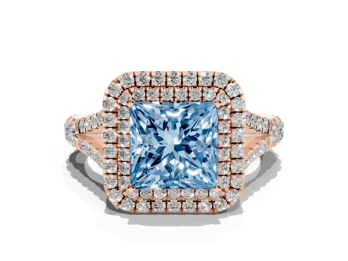 Fancy Blue Princess Cut Diamond Pavé Split Shank Double Halo Engagement Ring Rose gold