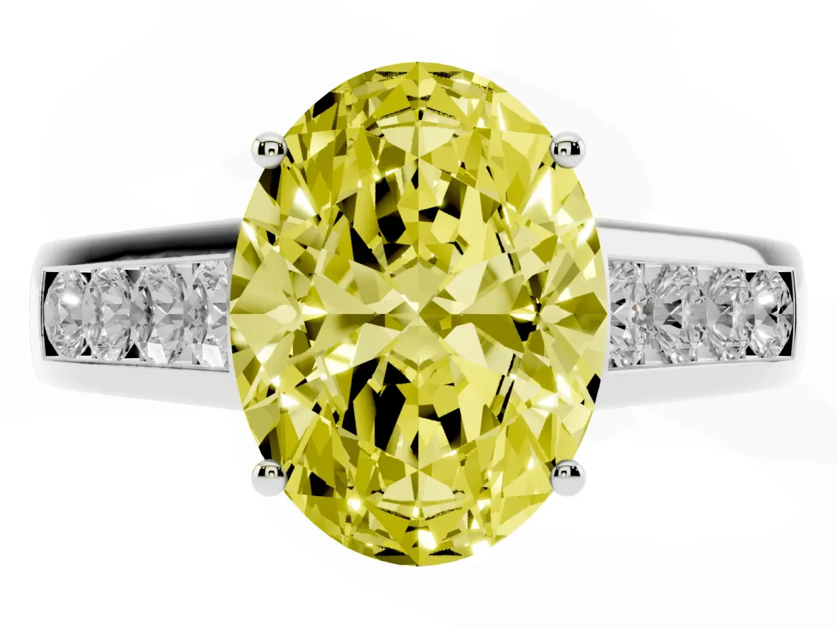 Fancy Yellow Oval Cut Brilliant Channel-Set Solitaire Ring with Four-Prong Setting Silver